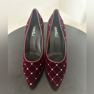 Vaneli Red Velvet Heels w/ Quilting and Studding Details
